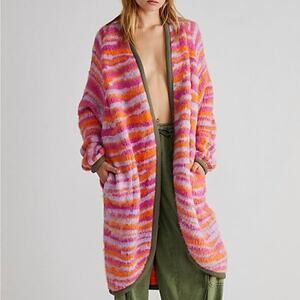 Free People Pink Tiger Knit Open Front Duster Cardigan Pink/Orange XS